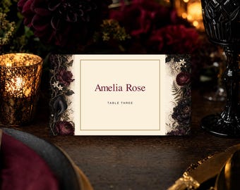 Wedding Place Cards Template, Dark Botanical Canva Name Cards, Editable 3.5x2 Reception Card