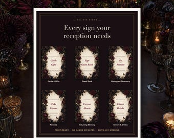 Wedding Reception Signs Bundle, Dark Botanical Set of 6, Digital Download