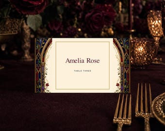Wedding Place Cards Template, Gothic Stained Glass Canva Name Cards, Editable 3.5x2 Reception Card