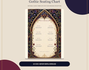 Wedding Seating Chart Template, Gothic Stained Glass Canva Find Your Seat Sign, Editable 24x36 Reception Board