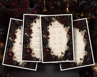 Wedding Invitation Suite, Dark Botanical Canva Templates and Reception Signs
