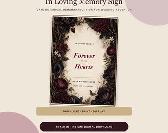 In Loving Memory Wedding Sign Printable, Dark Botanical Romance Remembrance Sign, 18x24 Memorial Table Decor Digital Download