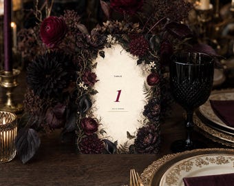 Table Numbers 1-20, Dark Floral Wedding Canva Templates, Editable 5x7 Botanical Reception Cards
