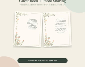 結婚式ゲストブックサインと写真共有QRコード、ワイルドフラワーCanvaバンドル、8x10