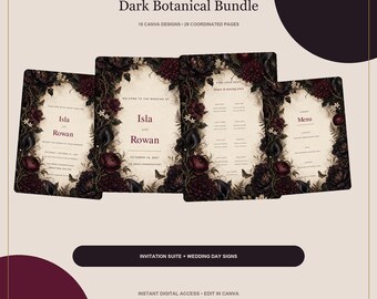 Wedding Invitation Suite, Dark Botanical Canva Templates and Reception Signs