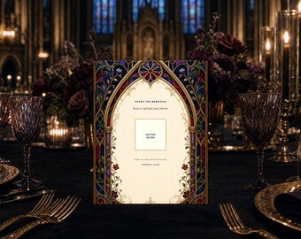 Wedding QR Code Sign Template, Gothic Stained Glass Canva Photo Upload Sign, Editable 8x10