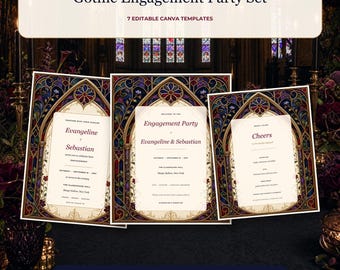 Engagement Party Invitation Set, Gothic Stained Glass Canva Invite, Editable Welcome and Drinks Signs