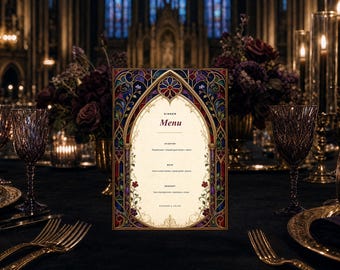 Wedding Menu Template, Gothic Stained Glass Canva Dinner Menu, Editable 5x7 Reception Card