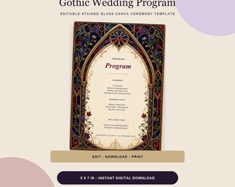 Wedding Program Template, Gothic Stained Glass Canva Ceremony Program, Editable 5x7 Order of Events