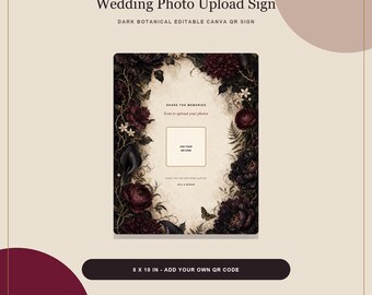 結婚式用QRコードサインテンプレート、ダークボタニカルCanva写真アップロードサイン、編集可能8x10