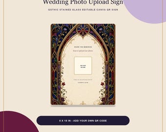 結婚式用QRコードサインテンプレート、ゴシックステンドグラス風Canva写真アップロードサイン、編集可能8x10