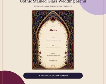 結婚式メニューテンプレート、ゴシックステンドグラス風キャンバスディナーメニュー、編集可能な5x7レセプションカード