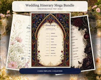 Wedding Itinerary Template Bundle, 3 Styles, Editable Canva Wedding Timeline, 5x7 Printable and Mobile Schedule