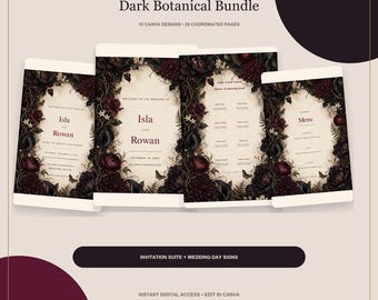 Wedding Invitation Suite and Sign Bundle, Dark Floral Canva Templates, Seating Chart, Table Numbers & Menu