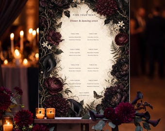 Wedding Seating Chart Template, Dark Botanical Canva Reception Sign, Editable 24x36
