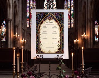 Wedding Seating Chart Template, Gothic Stained Glass Canva Reception Sign, Editable 24x36