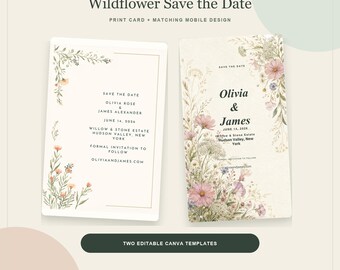 Save the Date Template, Wildflower Canva 5x7 Card & Mobile Wedding Announcement