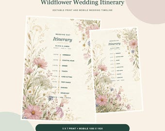 結婚式スケジュールテンプレート、ワイルドフラワーCanvaタイムライン、編集可能な5x7スケジュール、モバイル対応当日カード