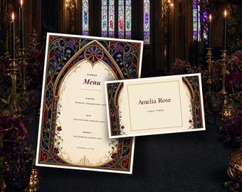 Wedding Menu & Place Cards Template Bundle | Gothic Stained Glass Canva Set