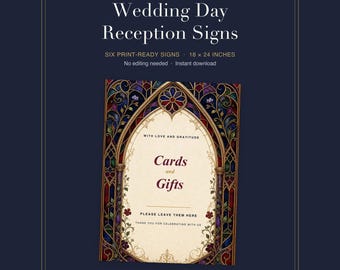 Wedding Sign Bundle Printable, Gothic Stained Glass Reception Signs Set of 6, Cards Gifts Guestbook Unplugged Memory Bar Signs