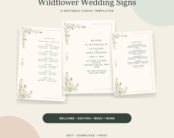 Wedding Sign Bundle, Wildflower Canva Welcome Sign, Seating Chart, Menu & Table Number Templates
