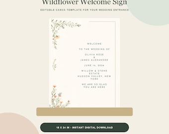 Szablon powitalnego napisu na ślubie, plakat Canva z motywem dzikich kwiatów, botaniczny napis 18x24