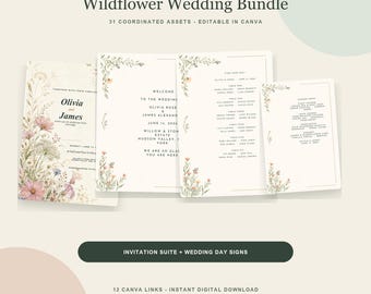結婚式招待状セットとサインセット、ワイルドフラワーCanvaテンプレート、席次表、テーブル番号、メニュー