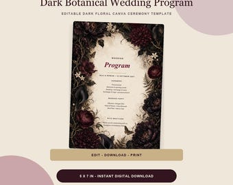 Wedding Program Template, Dark Floral Canva Ceremony Program, Editable 5x7 Botanical Order of Events