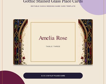Wedding Place Cards Template, Gothic Stained Glass Canva Name Cards, Editable 3.5x2 Reception Card