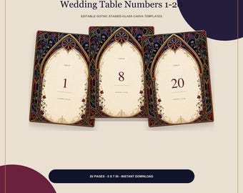 Wedding Table Numbers 1-20, Gothic Stained Glass Canva Templates, Editable 5x7 Reception Cards