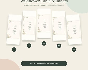 Numery stołów weselnych 1–20, karty przyjęcia botanicznego Canva Wildflower 5x7