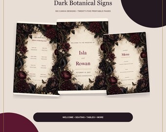 Wedding Sign Bundle, Dark Floral Welcome Sign, Seating Chart, Table Numbers, Menu & QR Canva Templates