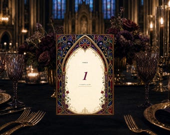 Wedding Table Numbers 1-20, Gothic Stained Glass Canva Templates, Editable 5x7 Reception Cards