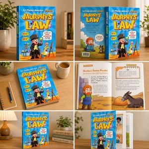 May include: A hardback book titled The Scarily Accurate Murphy's Law with a blue cover featuring a cartoon man in a top hat, a lightbulb, and scientific equipment. The book contains illustrated pages about philosophical concepts like Buridan's Donkey Paradox.