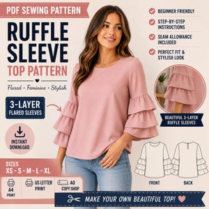 Puede incluir: Un patrón de costura en PDF para una blusa con mangas de tres capas con volantes acampanados. La imagen muestra el texto PDF SEWING PATTERN, RUFFLE SLEEVE TOP PATTERN y un diagrama del frente y la espalda de la prenda en tallas XS, S, M, L, XL.
