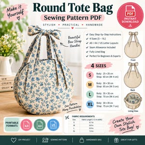 Könnte beinhalten: Ein PDF-Schnittmuster für eine runde Tragetasche aus cremefarbenem Stoff mit blauem Blumenrankenmuster. Die Tasche hat zwei lange Tragegriffe mit Schleifen. Das Bild enthält Textdetails zu vier Größen, Stoffbedarf und Druckformaten wie A0, A4 und US Letter.