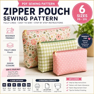 May include: A PDF sewing pattern for a zipper pouch in 6 sizes from XS to 2XL. The image displays three pouches: one with a floral print, one with a green gingham pattern, and one with a pink polka dot design, all featuring gold-tone zippers.