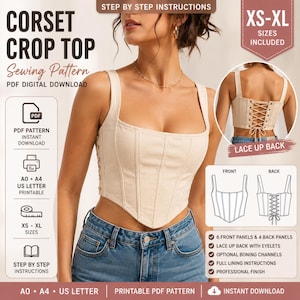Corset Crop Top Sewing Pattern PDF, Lace Up Back Bustier, Printable Digital Download, Step By Step Instructions