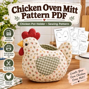 Op de afbeelding: Een PDF-naaipatroon voor een ovenwant in de vorm van een kip, met een bloemmotief op het lichaam, een groen geruite vleugel en een rode, getextureerde kam. Het digitale document bevat printbare sjablonen voor het lichaam, de vleugel en de kam.