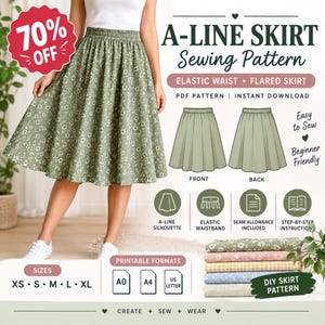 A-Line Skirt Sewing Pattern PDF | Elastic Waist Skirt Pattern | Flared Skirt Pattern | Beginner Sewing Pattern | A4 A0 US Letter