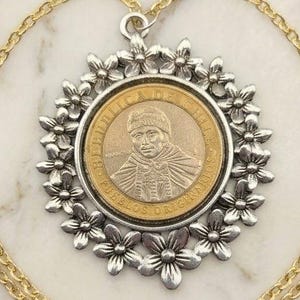 Chile 100 Pesos Mapuche Coin Necklace | Floral Silver Bezel | Pueblos Originarios | Worldly Wealth Wearables