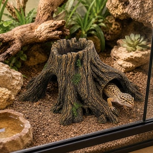 Könnte beinhalten: Ein braunes, strukturiertes Baumstumpf-Versteck aus Kunstharz mit grünen Moosakzenten, einem hohlen Zentrum und gewölbten Öffnungen. Ein gelb-braun gefleckter Leopardgecko kommt teilweise aus einer der gewölbten Öffnungen des Stumpfes hervor.