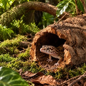 May include: A leopard gecko with yellow, brown, and black spotted skin emerging from a hollow, textured brown cork bark log. The lizard has a pale underside, visible dark eyes, and small claws resting on the interior surface of the natural wood.