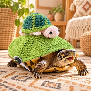 Könnte beinhalten: Eine lebende Schildkröte trägt eine hellgrüne, gehäkelte Panzerabdeckung, auf der ein kleines, blassrosa und dunkelgrün gehäkeltes Schildkrötenspielzeug liegt. Die Abdeckung ist mit einem weißen Riemen und einer schwarzen Kunststoffschnalle befestigt.