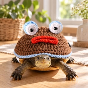 May include: A brown crocheted turtle cozy featuring a light blue trim, two large white and blue eyes with black pupils, and a bright red mouth. The accessory is worn on the shell of a small turtle with textured skin and sharp claws.