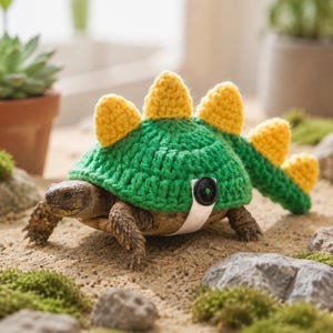 May include: A crochet turtle sweater featuring a green body with yellow triangular spikes along the back and tail. The garment includes a white strap secured with a single black button, designed to fit over the shell of a small brown turtle.