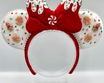 Orejas navideñas de terciopelo con glaseado de pan de jengibre, chispas de colores, diamantes de imitación y perlas, orejas de ratón para las fiestas, diadema festiva, oreja roja de Mickey