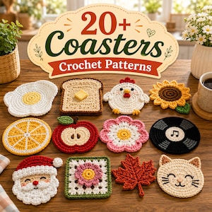 May include: A collection of eleven diverse crochet coasters featuring designs of a fried egg, toast with butter, a chicken, a sunflower, a lemon slice, an apple, a flower, a vinyl record, Santa Claus, a floral square, and a maple leaf.