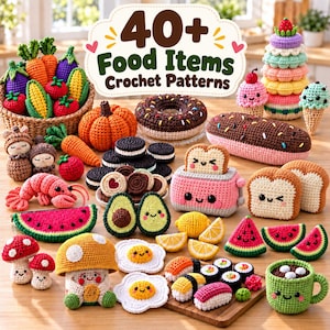 Può includere: Una collezione di alimenti all'uncinetto che include un cesto di verdure, una zucca, una ciambella, un tostapane con pane, sushi, pezzi di frutta e una tazza. Un cartello sopra riporta il testo 40+ Food Items Crochet Patterns in marrone e verde.