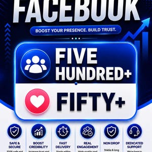 May include: A digital marketing graphic with a dark blue background featuring the text Grow Your FACEBOOK and BOOST YOUR PRESENCE. BUILD TRUST. It displays icons for five hundred plus followers and fifty plus likes, with six service feature icons below.